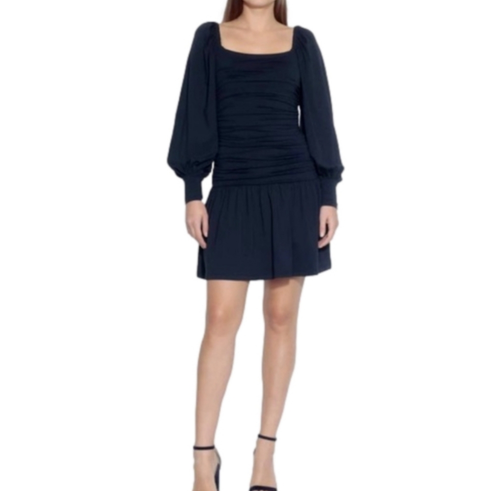 SUSANA MONACO NWT  Navy Long Poet Sleeve Ruched Midsection Square Neck Mini